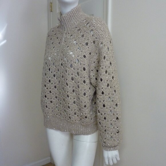 Brunello Cucinelli Paillette Round Open-Weave Cashmere Blend Zip Sweater - Picture 8 of 11